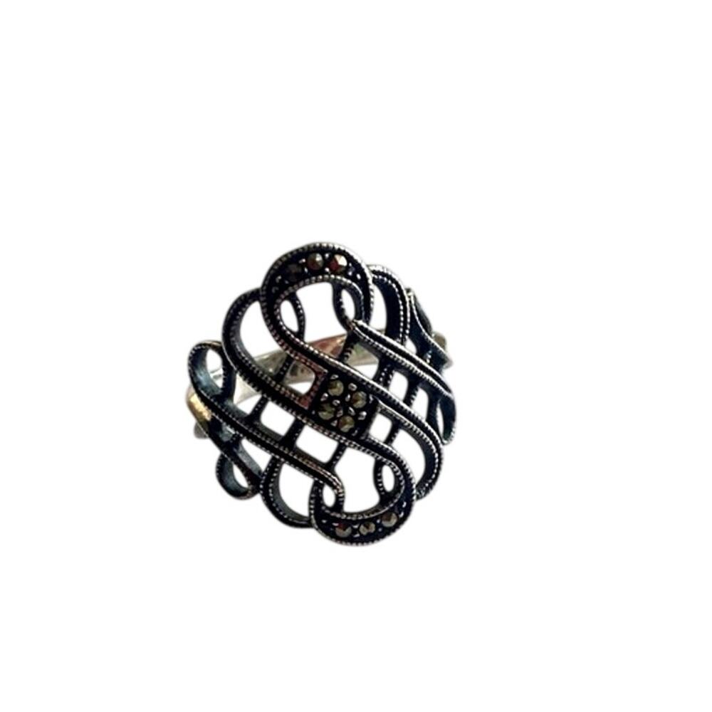 Vintage Sterling Silver 925 Marcasite Openwork Lattice Statement Ring Size 8